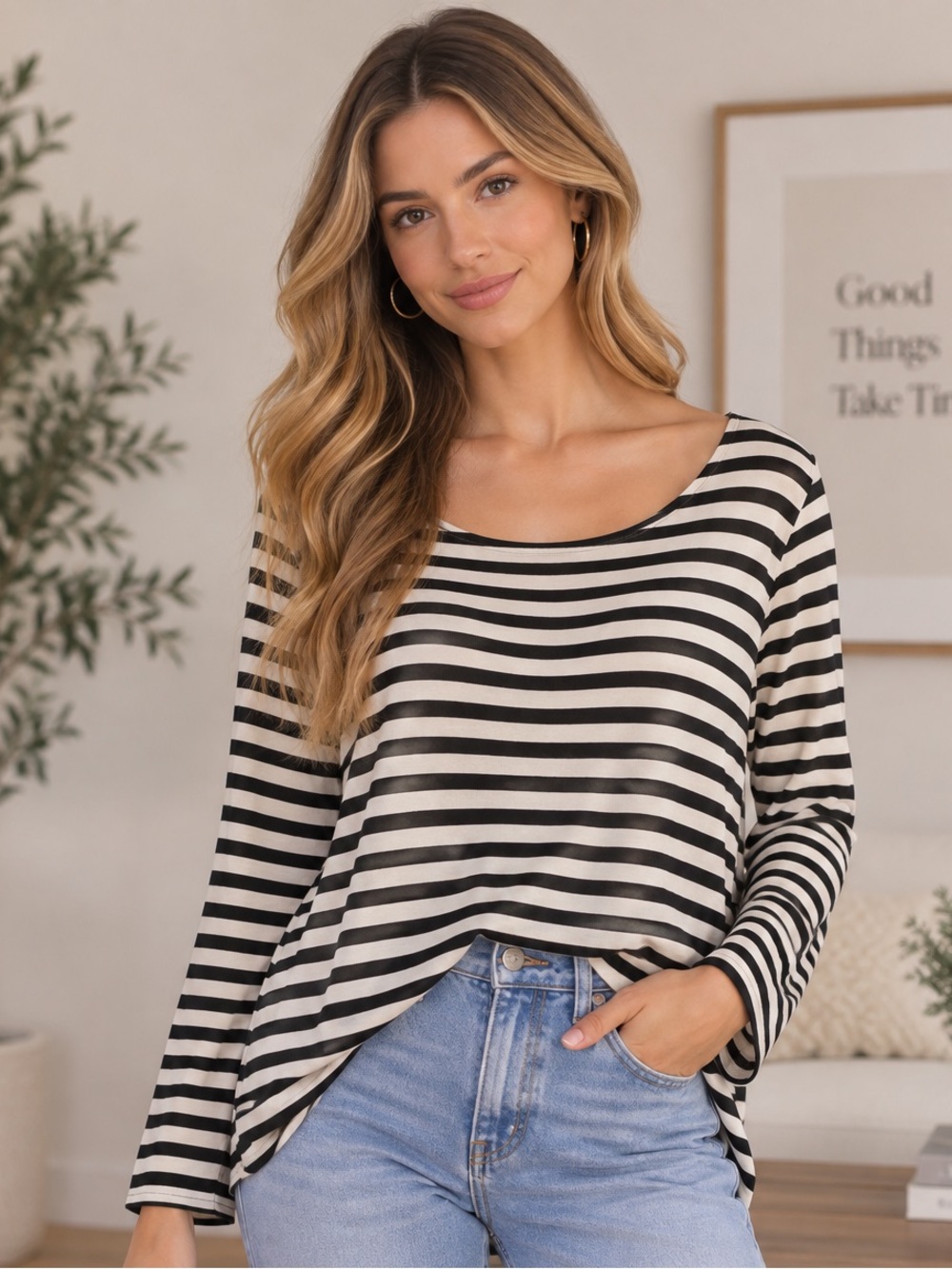 Gap Black & White Striped Long Sleeve Top – Size Large